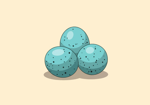 Three light blue-green speckled bird eggs with small black spots arranged in a cluster on a cream background, 2D vector illustration of blackbird or robin eggs with subtle shadows.