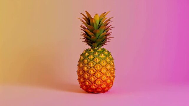 Decorative pineapple sculpture with mirrored disco ball design transitions to a realistic pineapple, showcasing vibrant colors against a gradient background