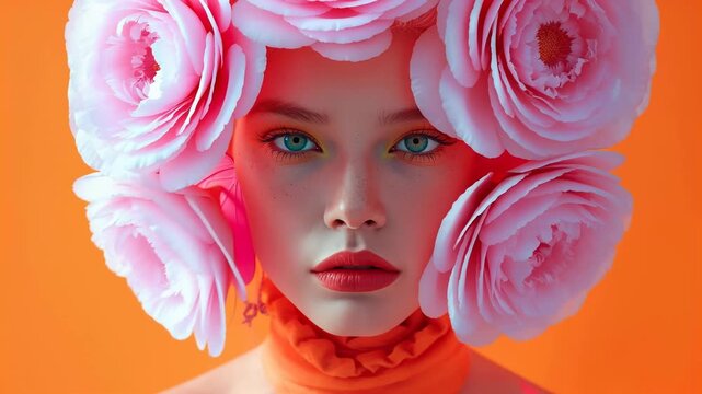 Caucasian female model with curly blonde hair transitions from oversized glasses to pink butterfly accessories and finally to a floral headpiece against a vibrant orange background