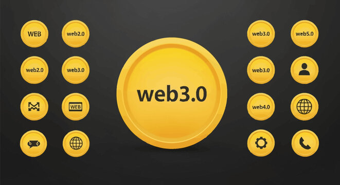 Collection of yellow 3D glossy button icons featuring internet evolution labels such as web2.0, web3.0, and web5.0 with interface symbols including a globe, gear, and user profile on black.