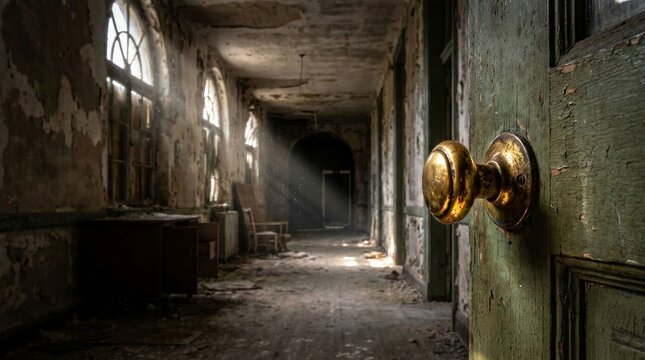 Old green painted door with antique brass knob in crumbling abandoned building interior with light