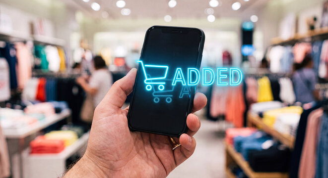 hand holding a matte black smartphone, notification showing added to cart icon and text