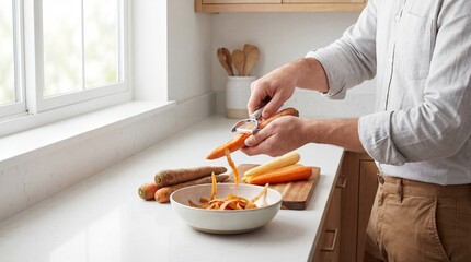 Man Peeling Fresh Carrot over Ceramic Bowl on Kitchen Counter