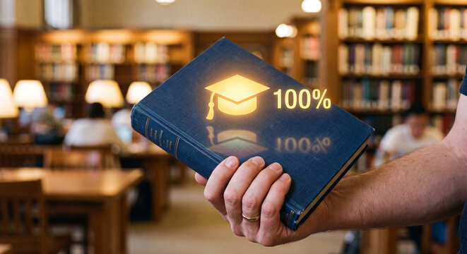 a hand holding a book, hovering 100% degree completion notification above the book, completing the university education 