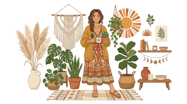 A stylish woman in flowing bohemian clothing stands surrounded by pampas grass, sun motifs, macrame decorations, and indoor plants in a modern boho lifestyle setting with warm earthy tones