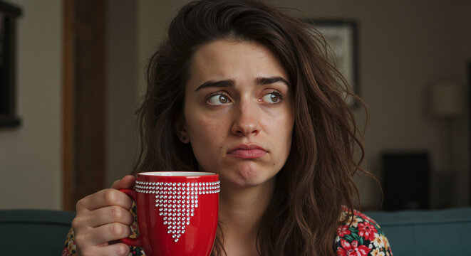 Young woman looking thoughtful while holding a red mug indoors  