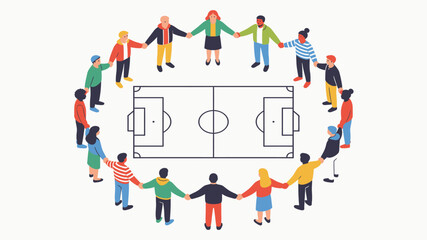 Diverse people joining hands around soccer field. © pyoo