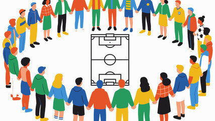 Diverse group of people holding hands around soccer field. © pyoo