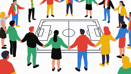 Diverse group of people holding hands around soccer field. © pyoo