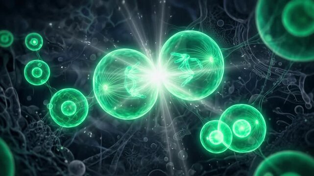 Elegant visualization of organic cellular division and growth in glowing emerald green for biological and medical research