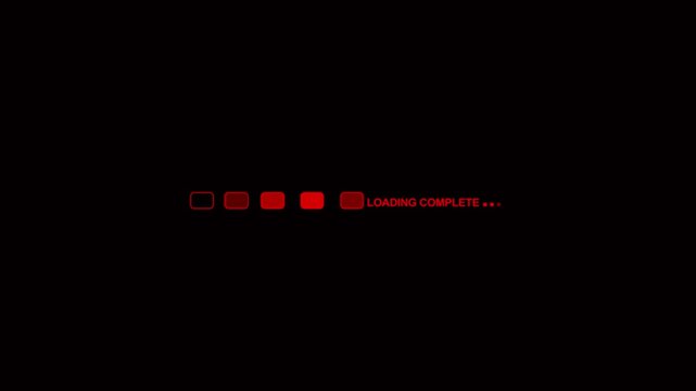 Loading bar displays a progress sequence with red glowing blocks on a dark background indicating that the digital system process has finished its operation and the task is now fully complete here.