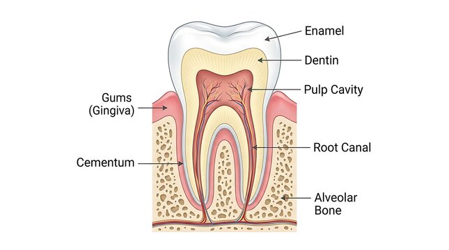 Diagram of a human tooth showing enamel dentin pulp cavity cementum