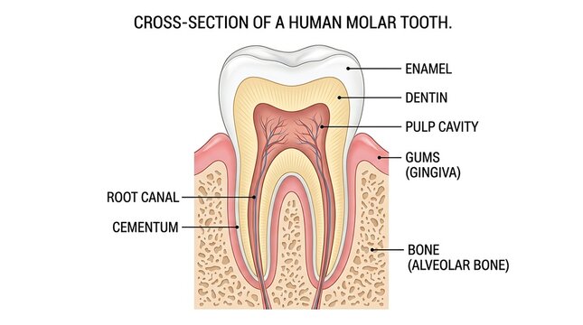 Cross-section of a human molar tooth showing enamel dentin pulp