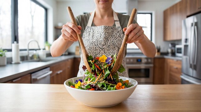 Young Woman Tossing Salad Greens with Wooden Servers in Kitchen
