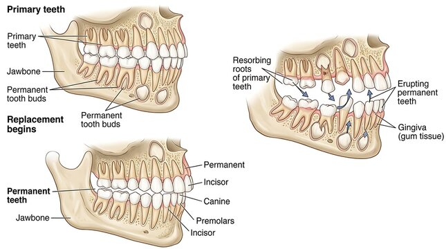 Detailed diagram of primary teeth showing different stages