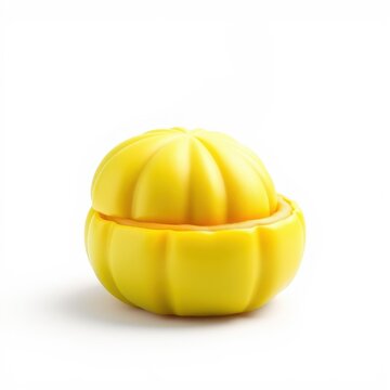 Yellow object resembling fruit. Rounded shape, textured surface, two parts joined. Simple studio lighting, white background.