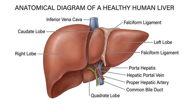 Anatomical diagram of a healthy human liver with labeled parts