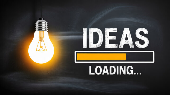 Glowing light bulb with ideas loading progress bar on chalkboard background