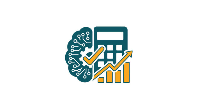 Artificial intelligence brain integrated with financial calculator and graphs.