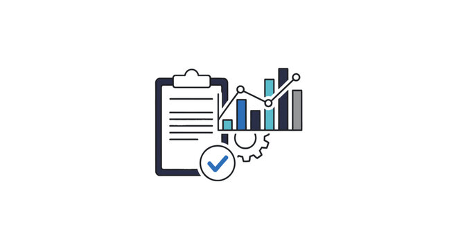 Audit clipboard with business charts and gear icon.