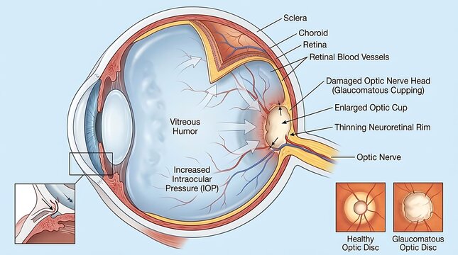 Detailed anatomical diagram of the human eye with labeled structures