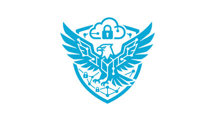 Obraz premium Blue eagle shield logo with cloud and security lock.