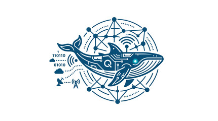 Blue cybernetic whale logo with geometric data network overlays. © Agu