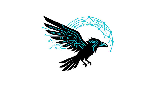 Black crow flying with digital network and data globe.