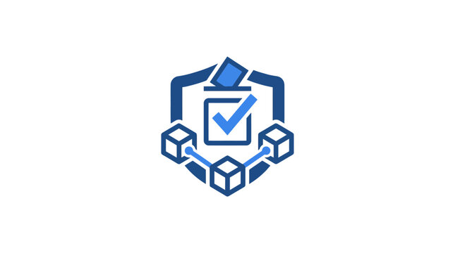Blockchain voting system icon with ballot box and cubes.