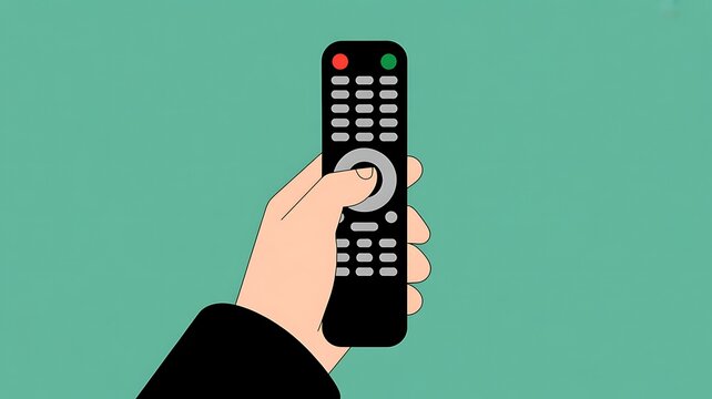 A hand holds a remote control with buttons and a red light on top