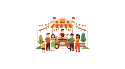 Naklejka premium Diverse group of people buying burgers from a street food stall illustration