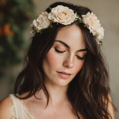 Fototapeta premium Portrait of lady with Simple bridal natural rose flower headdress