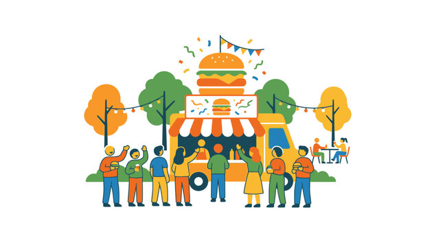 Flat vector illustration of people queuing at a burger truck in an outdoor park