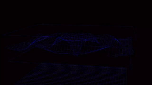 Grid surface displays a three dimensional blue mesh structure floating in a dark environment which illustrates complex data visualization concepts for corporate technology presentations and digital.