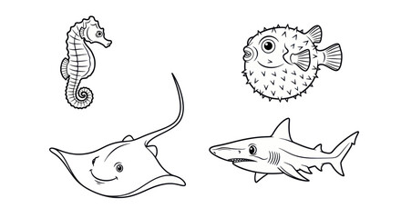 Marine life line art featuring shark and stingray © masa