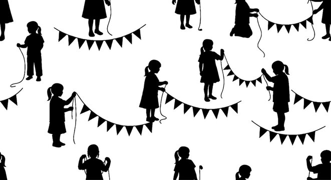 Silhouette children holding decorative triangle flags pattern design.