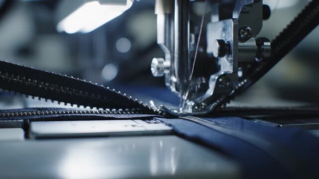 Industrial sewing machine stitching a black zipper on fabric