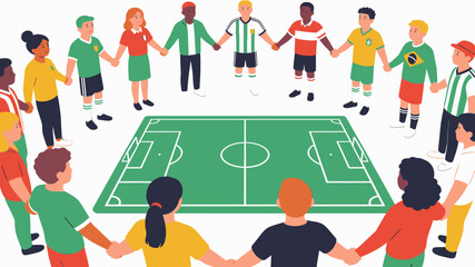 Diverse people holding hands around soccer field. © pyoo