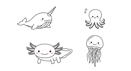 Sea creatures underwater life world coloring page set © masa