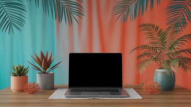 A serene workspace setup with a laptop surrounded by potted plants on a wooden desk against a vibrant colorful background with palm leaves