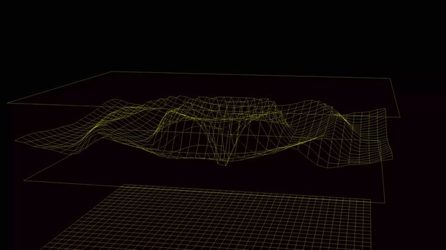 Grid surface displays a three dimensional golden mesh structure floating in a dark environment which illustrates complex data visualization concepts for corporate technology presentations and digital.
