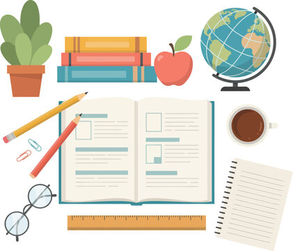 Education flat lay with books globe and coffee during a study session vector illustration