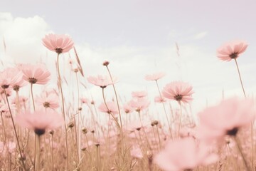 Obraz premium Pink flowers in a field sky grassland outdoors.