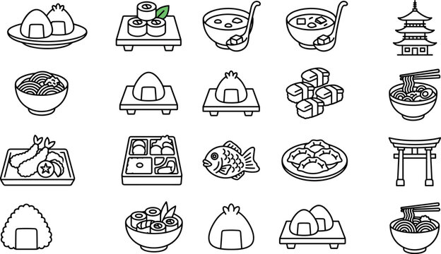 Japanese Food and Traditional Culture Line Icon Set