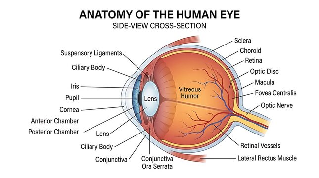 Detailed anatomy of the human eye with labeled parts and structures