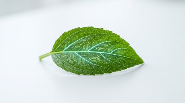 Single fresh green mint leaf macro shot isolated on a minimalist white background showing natural texture and veins