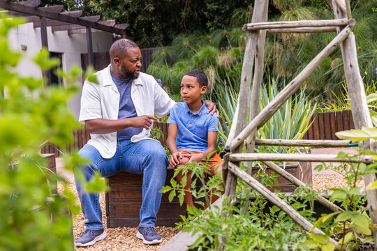 African American adult and youth males sitting on wooden planter in garden near trellis, talking