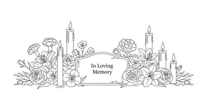 A hand drawn sketch of a memorial plaque surrounded by flowers and candles.
