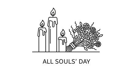 Obraz premium Line art illustration of three burning candles and a bouquet of flowers for All Souls Day.
