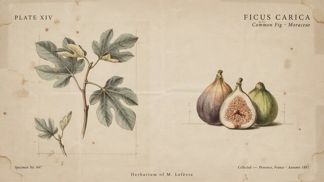 Vintage botanical illustration of ficus carica, common fig, with leaves and fruit on a beige background